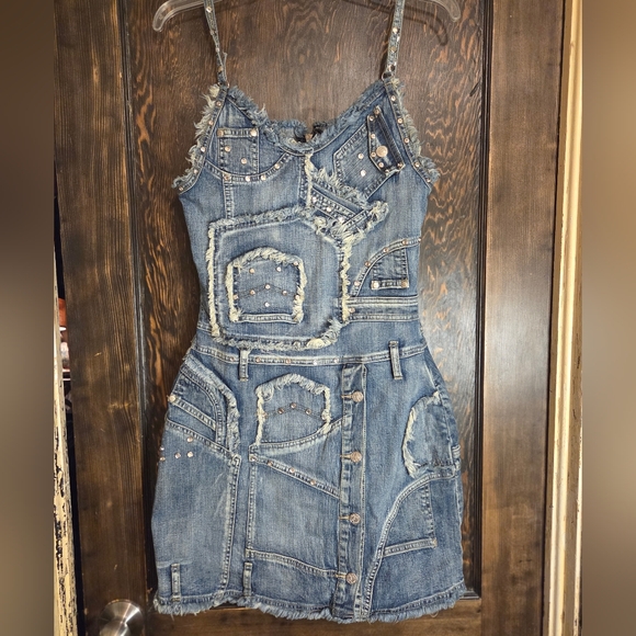 *RARE* Platinum Plush Edgy Blue Denim Patchwork Dress Sz M - Picture 2 of 16